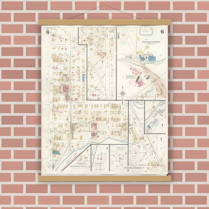 Old map wall art mockup — magnetic wood frame on brick wall — Sanborn Fire Insurance Map from Petersburg, Menard County, Illinois (1943), Sheet #0006