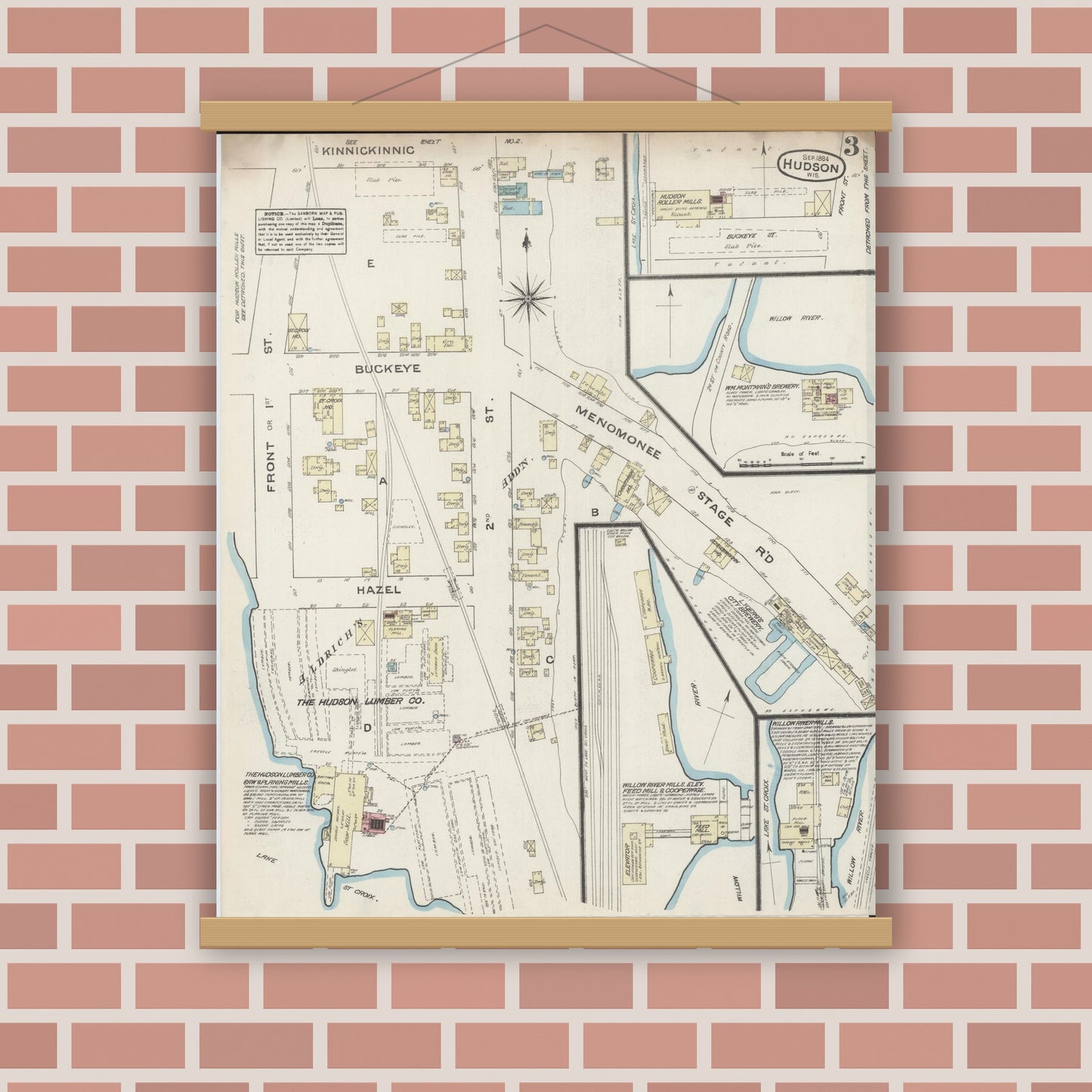 Old map wall art mockup — magnetic wood frame on brick wall — Sanborn Fire Insurance Map from Hudson, St. Croix County, Wisconsin (1884), Sheet #0003