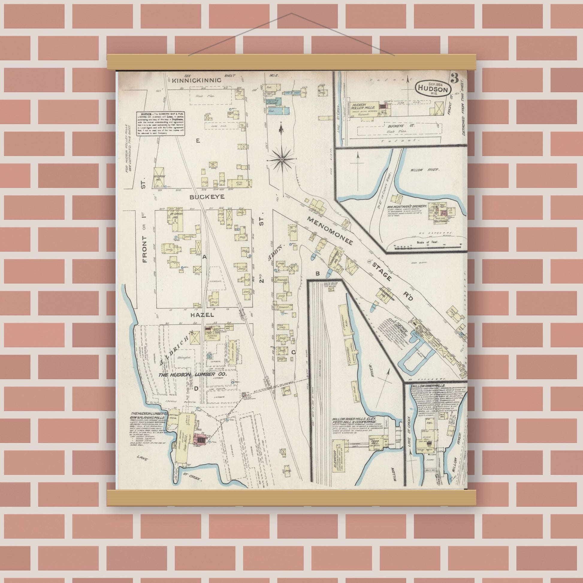 Old map wall art mockup — magnetic wood frame on brick wall — Sanborn Fire Insurance Map from Hudson, St. Croix County, Wisconsin (1884), Sheet #0003