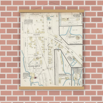 Old map wall art mockup — magnetic wood frame on brick wall — Sanborn Fire Insurance Map from Hudson, St. Croix County, Wisconsin (1884), Sheet #0003
