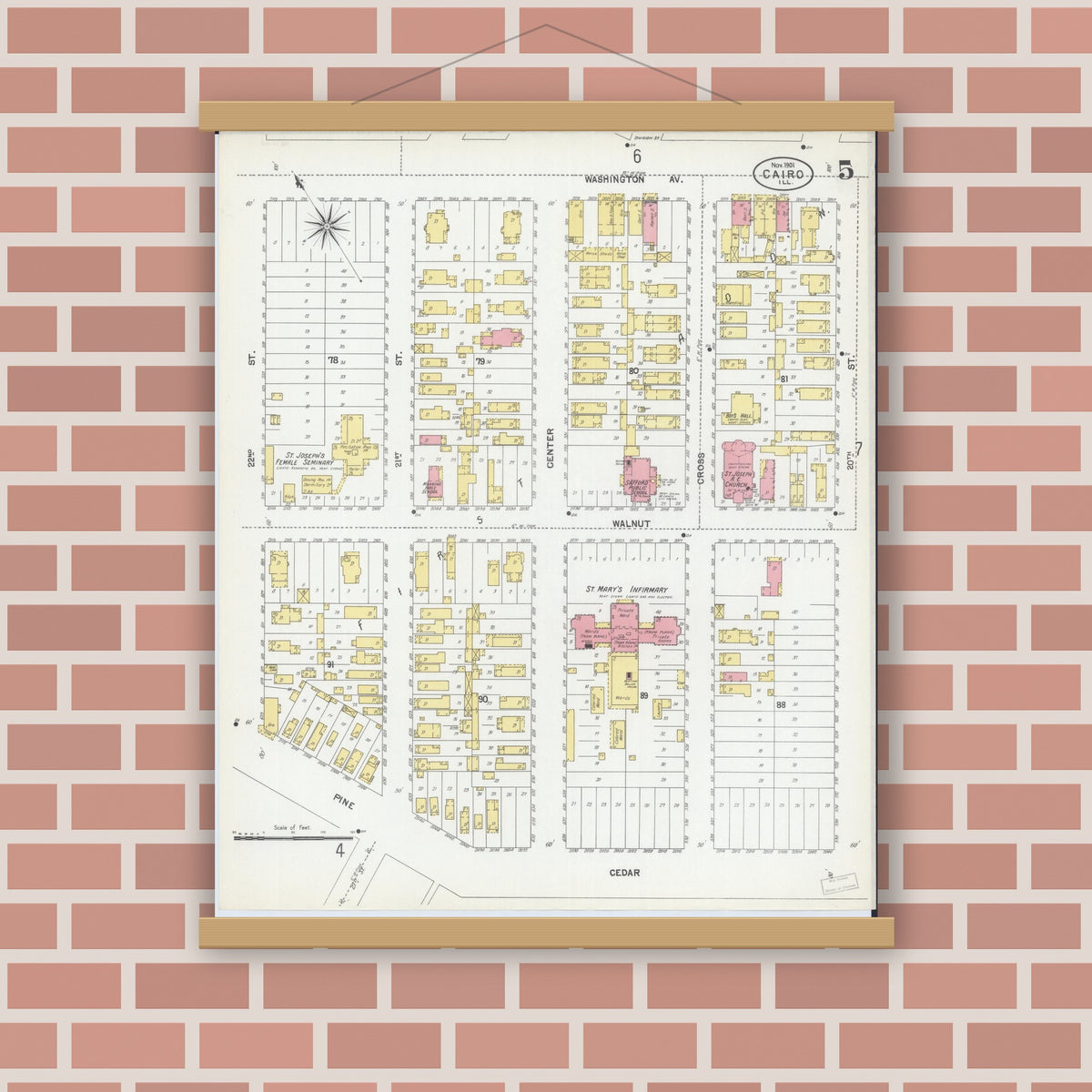 Old map wall art mockup — magnetic wood frame on brick wall — Sanborn Fire Insurance Map from Cairo, Alexander County, Illinois (1901), Sheet #0005
