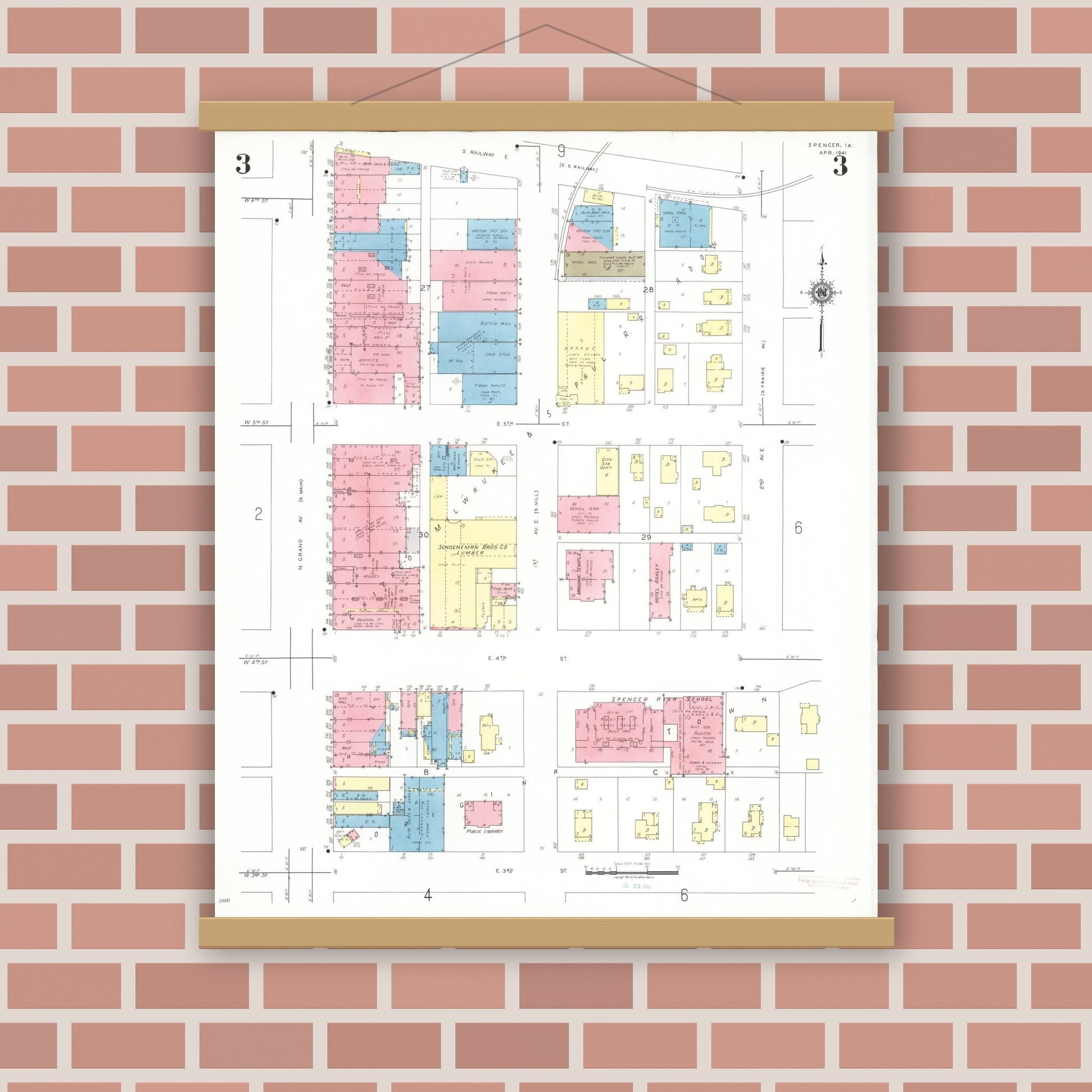 Old map wall art mockup — magnetic wood frame on brick wall — Sanborn Fire Insurance Map from Spencer, Clay County, Iowa (1941), Sheet #0003