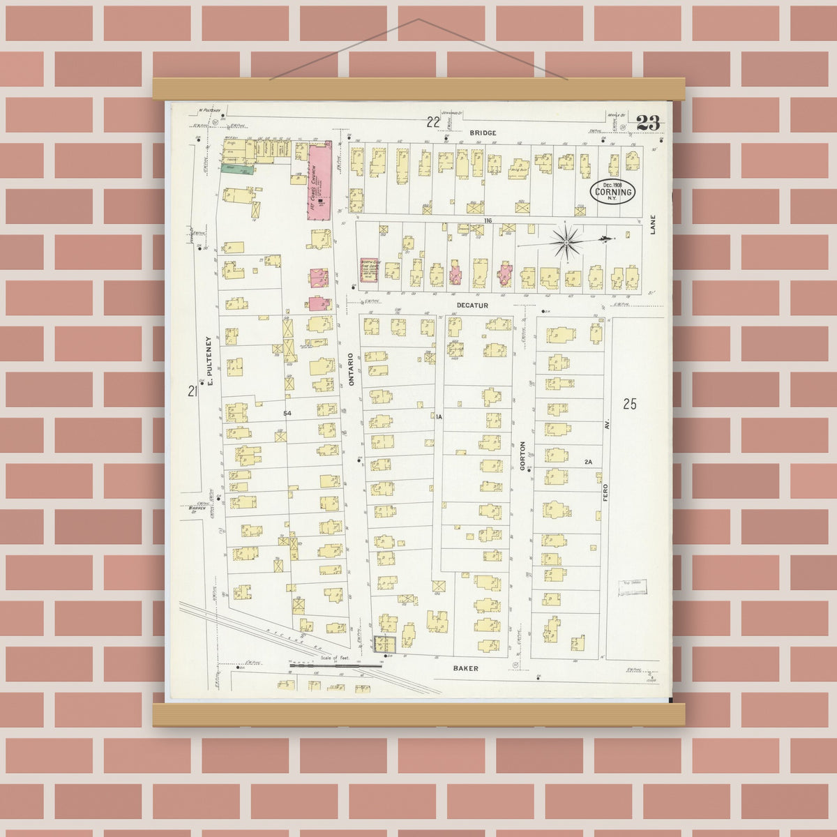 Old map wall art mockup — magnetic wood frame on brick wall — Sanborn Fire Insurance Map from Corning, Steuben County, New York (1908), Sheet #0023