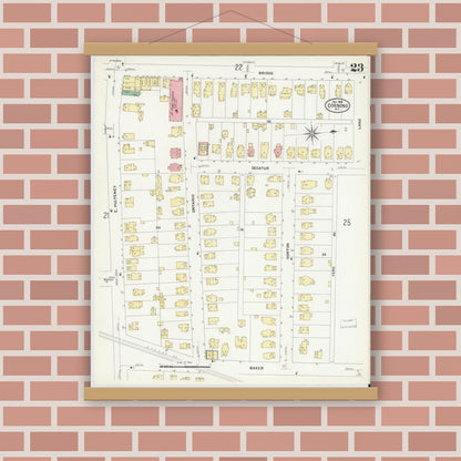 Old map wall art mockup — magnetic wood frame on brick wall — Sanborn Fire Insurance Map from Corning, Steuben County, New York (1908), Sheet #0023