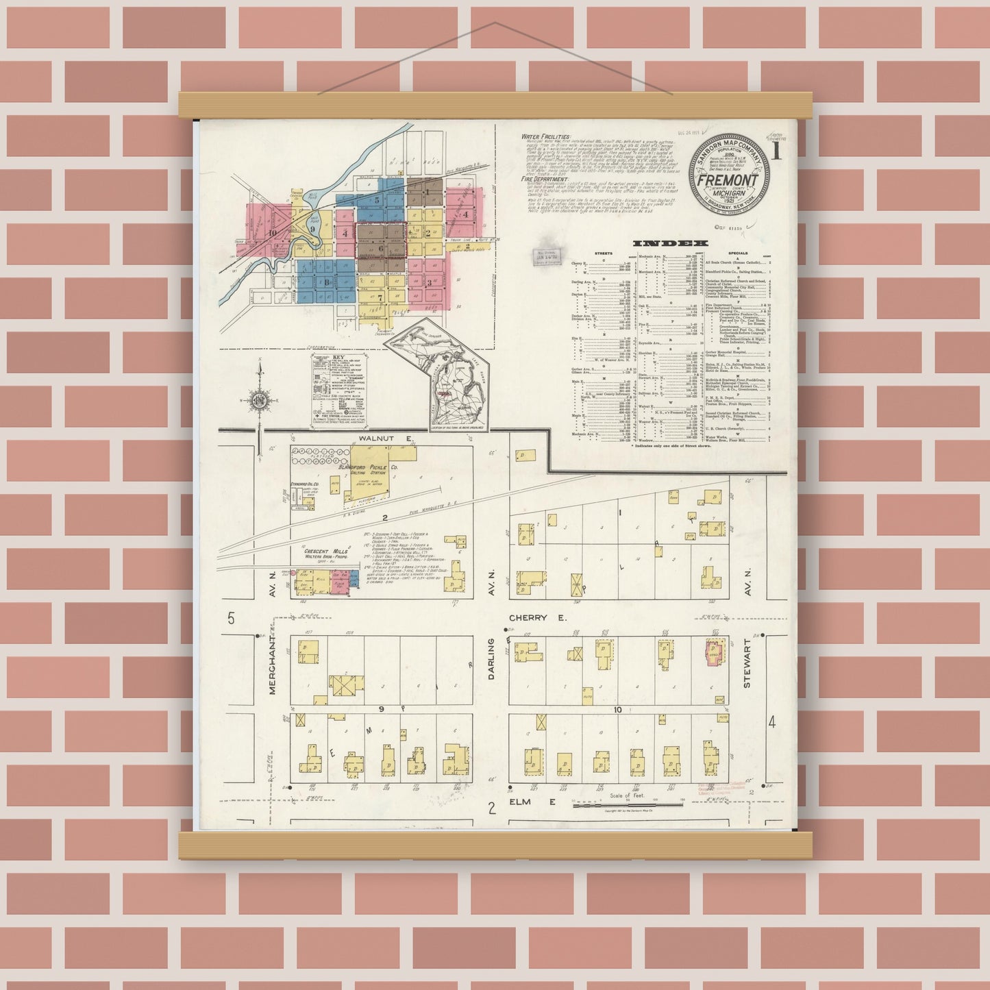 Old map wall art mockup — magnetic wood frame on brick wall — Sanborn Fire Insurance Map from Fremont, Newaygo County, Michigan (1921) - Complete Map Set