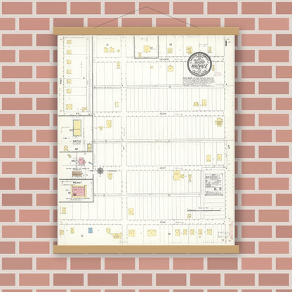 Old map wall art mockup — magnetic wood frame on brick wall — Sanborn Fire Insurance Map from Holtville, Imperial County, California (1911), Sheet #0001