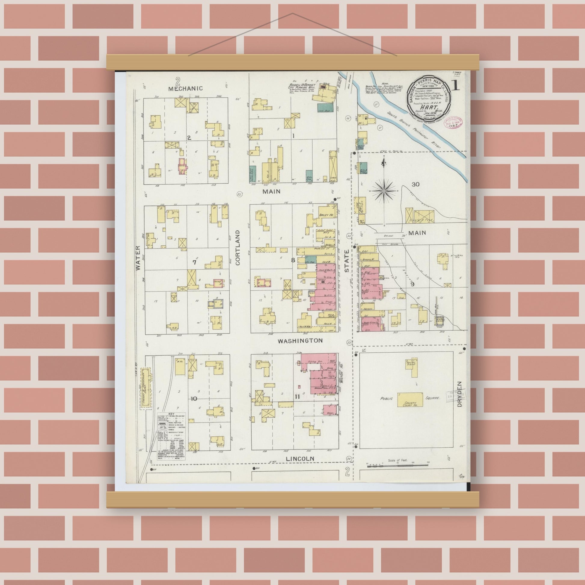 Old map wall art mockup — magnetic wood frame on brick wall — Sanborn Fire Insurance Map from Hart, Oceana County, Michigan (1894), Sheet #0001