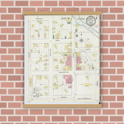 Old map wall art mockup — magnetic wood frame on brick wall — Sanborn Fire Insurance Map from Hart, Oceana County, Michigan (1894), Sheet #0001
