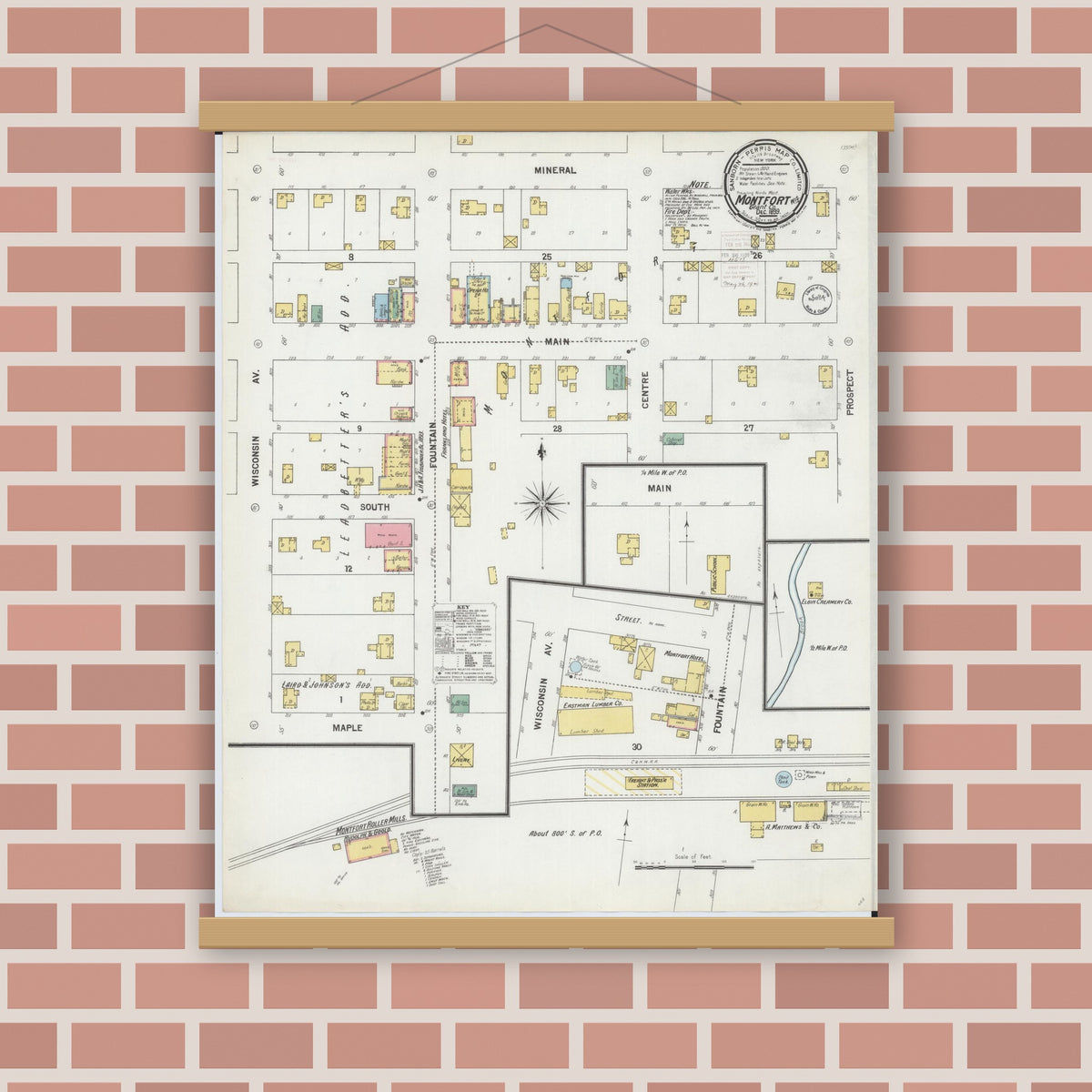Old map wall art mockup — magnetic wood frame on brick wall — Sanborn Fire Insurance Map from Montfort, Grant County, Wisconsin (1899), Sheet #0001
