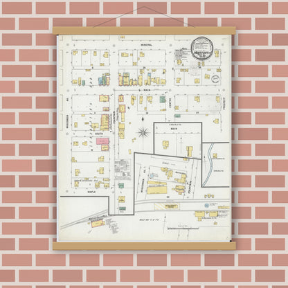 Old map wall art mockup — magnetic wood frame on brick wall — Sanborn Fire Insurance Map from Montfort, Grant County, Wisconsin (1899), Sheet #0001
