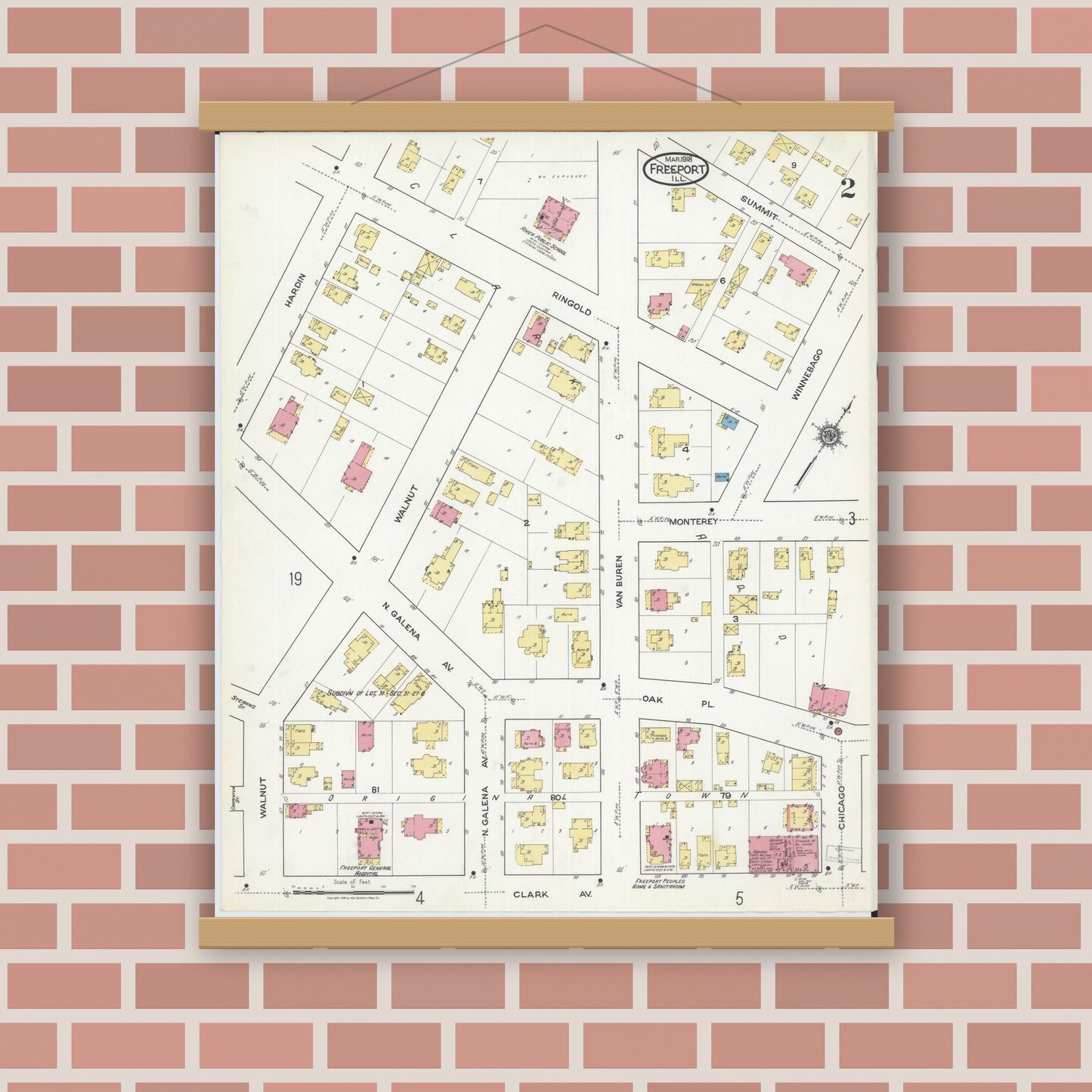 Old map wall art mockup — magnetic wood frame on brick wall — Sanborn Fire Insurance Map from Freeport, Stephenson County, Illinois (1918), Sheet #0002