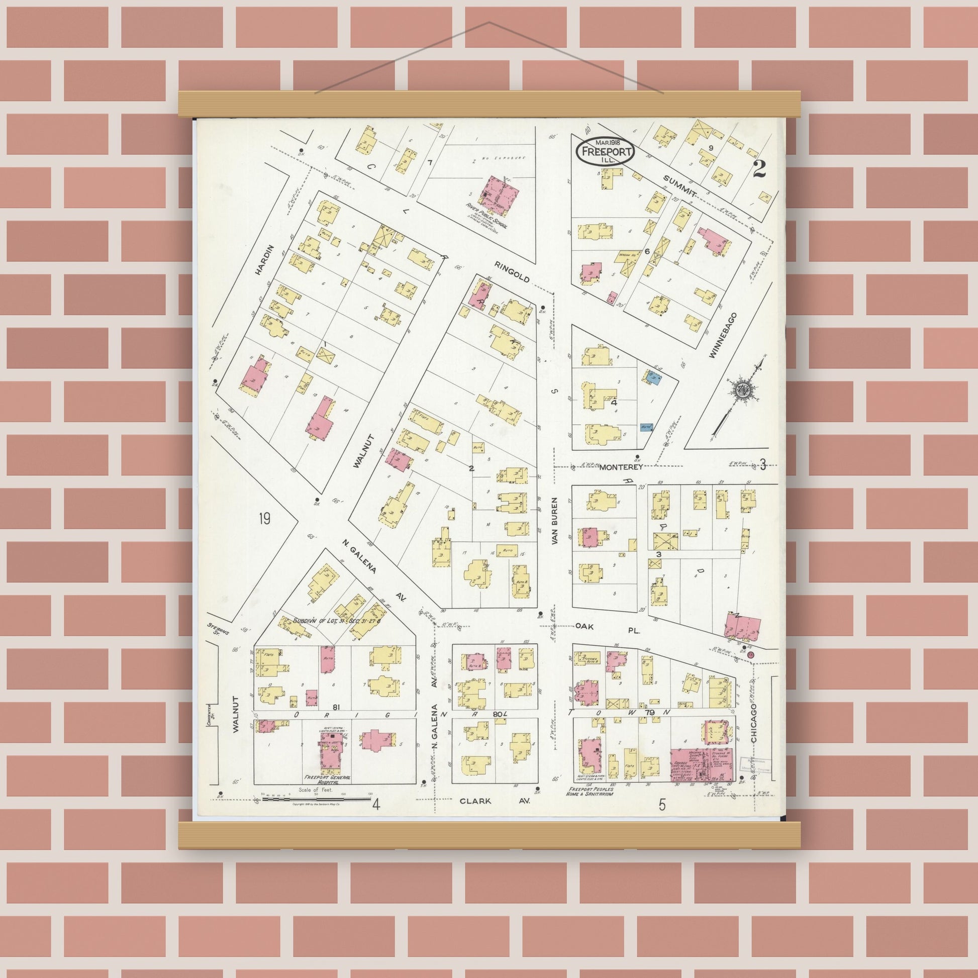 Old map wall art mockup — magnetic wood frame on brick wall — Sanborn Fire Insurance Map from Freeport, Stephenson County, Illinois (1918), Sheet #0002