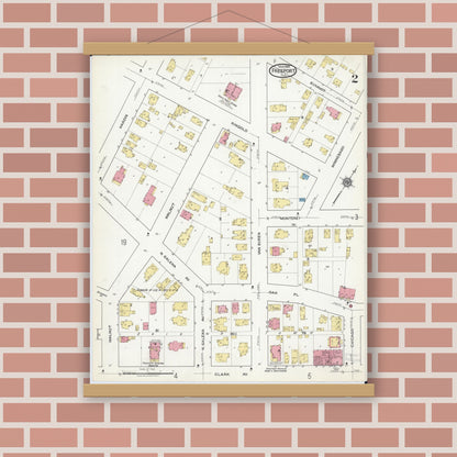 Old map wall art mockup — magnetic wood frame on brick wall — Sanborn Fire Insurance Map from Freeport, Stephenson County, Illinois (1918), Sheet #0002