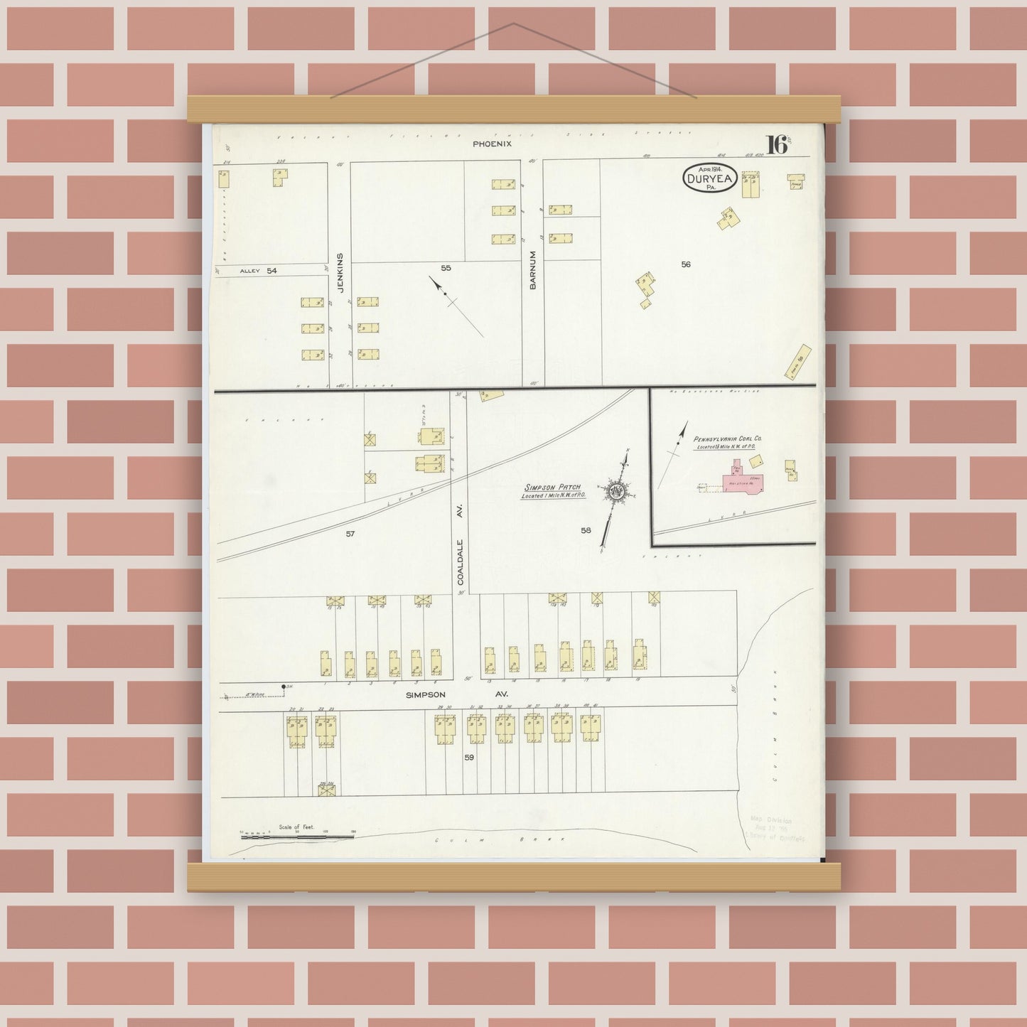 Old map wall art mockup — magnetic wood frame on brick wall — Sanborn Fire Insurance Map from Duryea, Luzerne County, Pennsylvania (1914), Sheet #0016