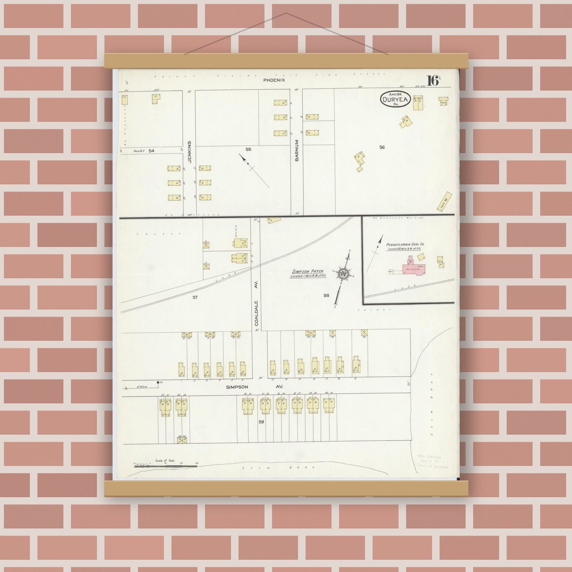Old map wall art mockup — magnetic wood frame on brick wall — Sanborn Fire Insurance Map from Duryea, Luzerne County, Pennsylvania (1914), Sheet #0016