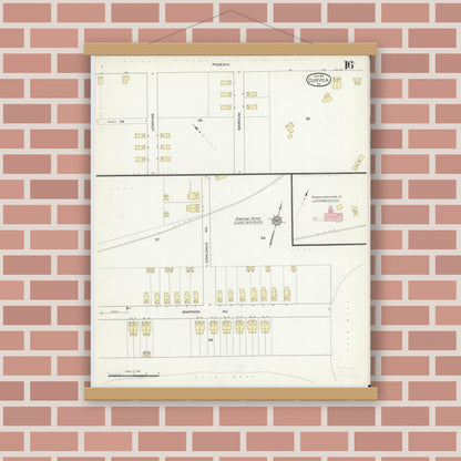 Old map wall art mockup — magnetic wood frame on brick wall — Sanborn Fire Insurance Map from Duryea, Luzerne County, Pennsylvania (1914), Sheet #0016