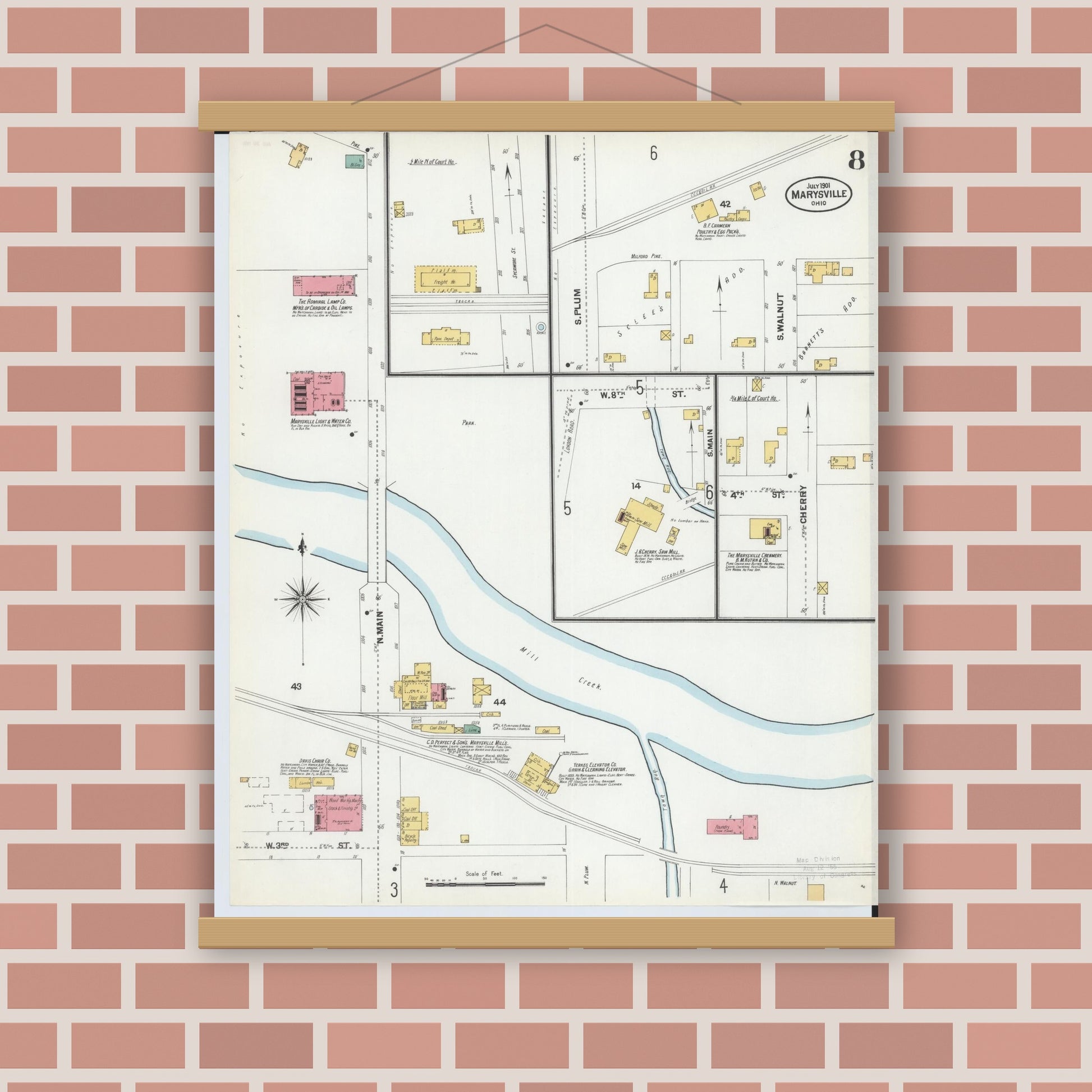 Old map wall art mockup — magnetic wood frame on brick wall — Sanborn Fire Insurance Map from Marysville, Union County, Ohio (1901), Sheet #0008