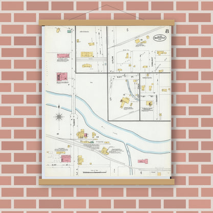 Old map wall art mockup — magnetic wood frame on brick wall — Sanborn Fire Insurance Map from Marysville, Union County, Ohio (1901), Sheet #0008