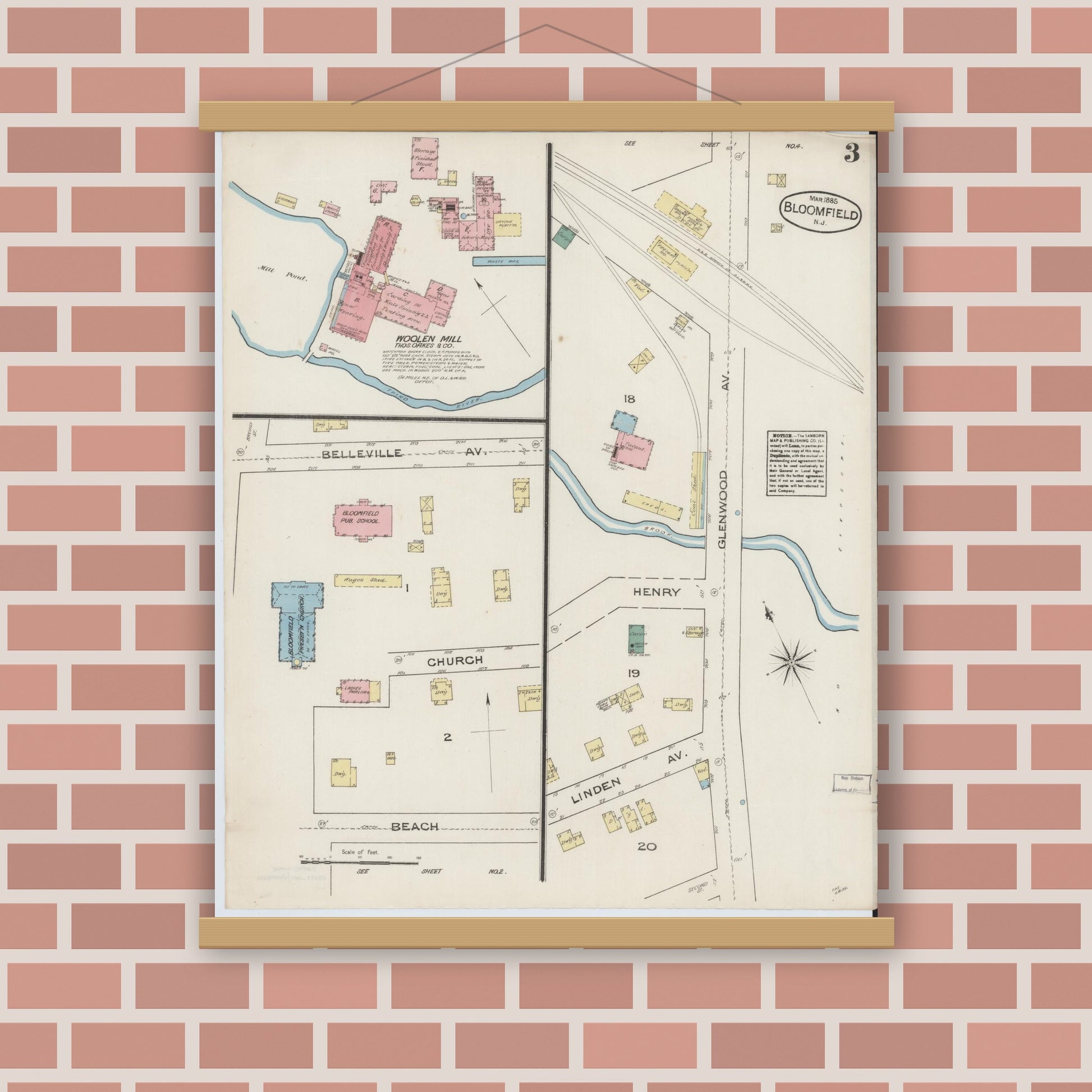 Old map wall art mockup — magnetic wood frame on brick wall — Sanborn Fire Insurance Map from Bloomfield, Essex County, New Jersey (1885), Sheet #0003