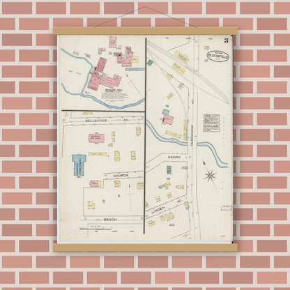 Old map wall art mockup — magnetic wood frame on brick wall — Sanborn Fire Insurance Map from Bloomfield, Essex County, New Jersey (1885), Sheet #0003