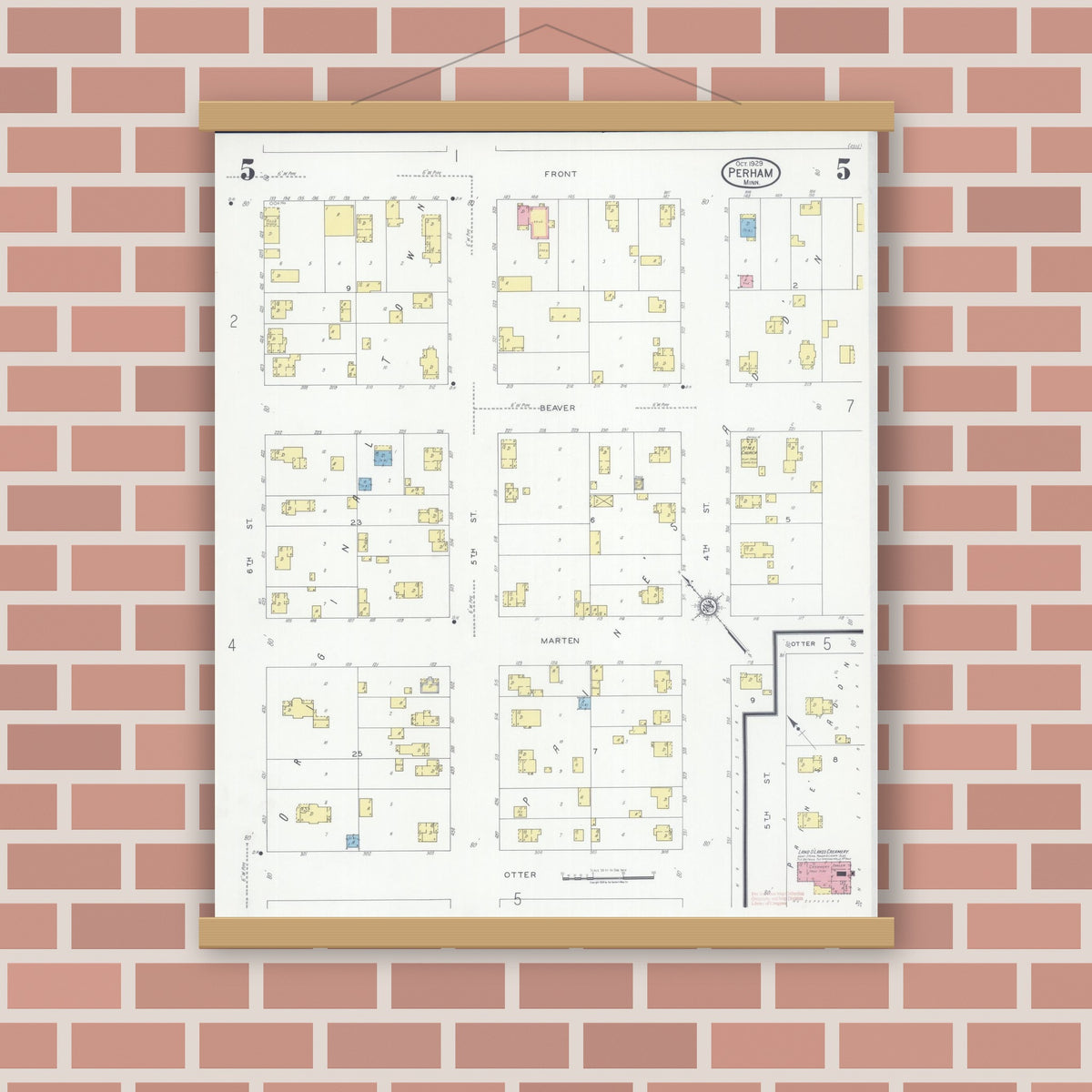 Old map wall art mockup — magnetic wood frame on brick wall — Sanborn Fire Insurance Map from Perham, Otter Tail County, Minnesota (1929), Sheet #0005