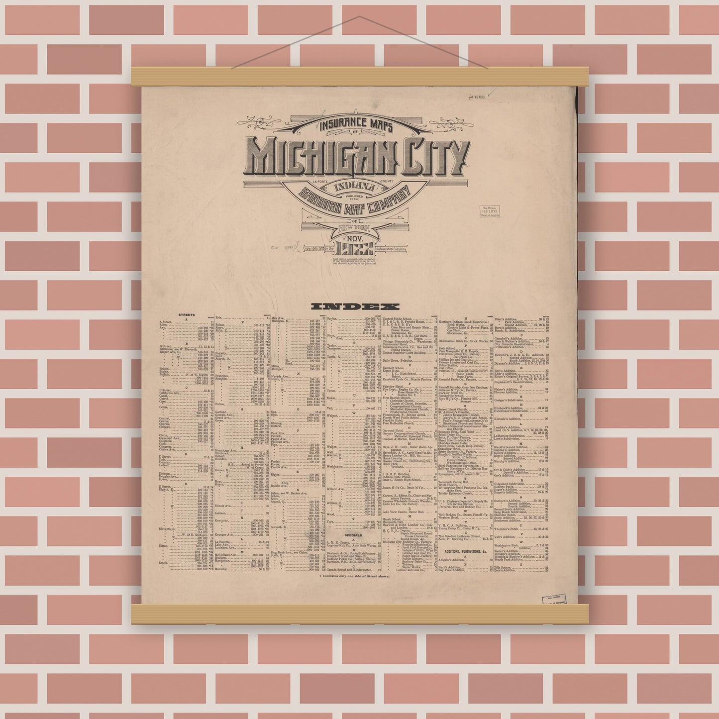 Old map wall art mockup — magnetic wood frame on brick wall — Sanborn Fire Insurance Map from Michigan City, La Porte County, Indiana (1922), Sheet #0001