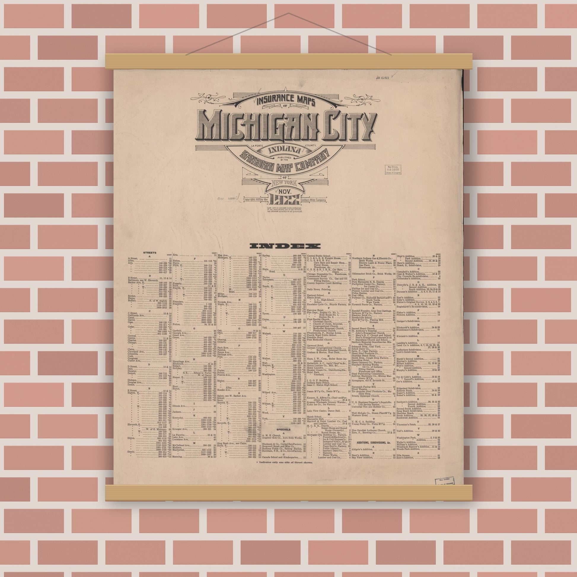 Old map wall art mockup — magnetic wood frame on brick wall — Sanborn Fire Insurance Map from Michigan City, La Porte County, Indiana (1922), Sheet #0001