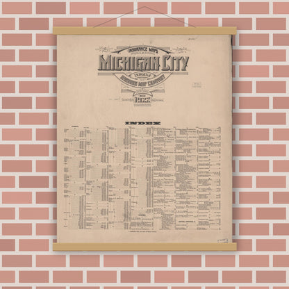 Old map wall art mockup — magnetic wood frame on brick wall — Sanborn Fire Insurance Map from Michigan City, La Porte County, Indiana (1922), Sheet #0001