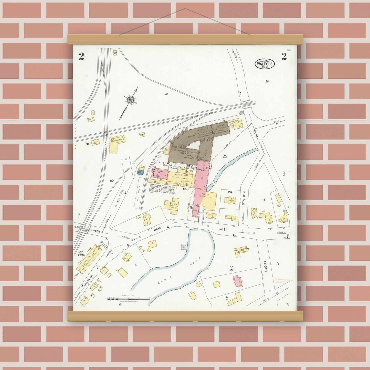 Old map wall art mockup — magnetic wood frame on brick wall — Sanborn Fire Insurance Map from Walpole, Norfolk County, Massachusetts (1927), Sheet #0002