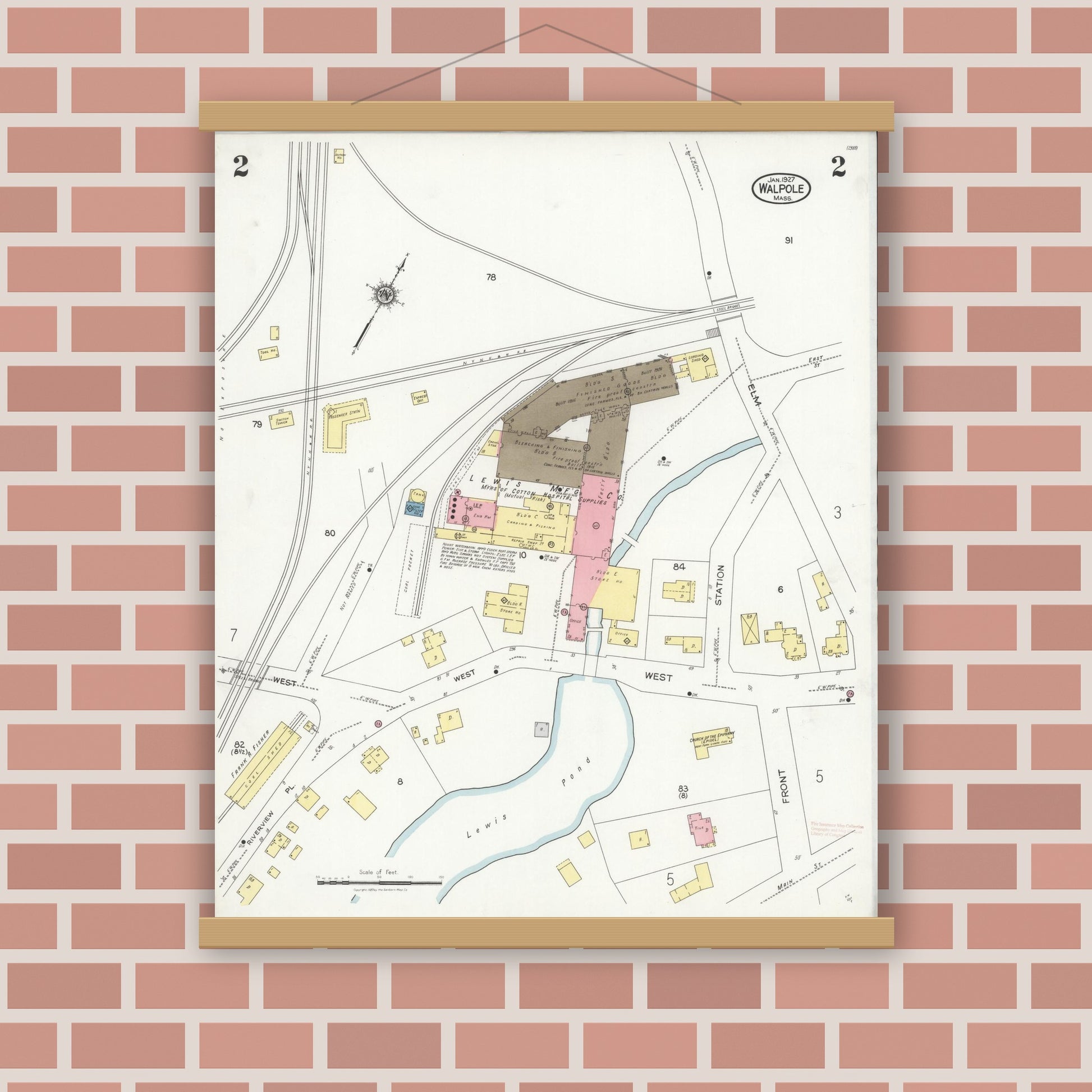 Old map wall art mockup — magnetic wood frame on brick wall — Sanborn Fire Insurance Map from Walpole, Norfolk County, Massachusetts (1927), Sheet #0002