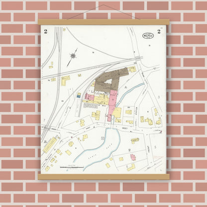 Old map wall art mockup — magnetic wood frame on brick wall — Sanborn Fire Insurance Map from Walpole, Norfolk County, Massachusetts (1927), Sheet #0002