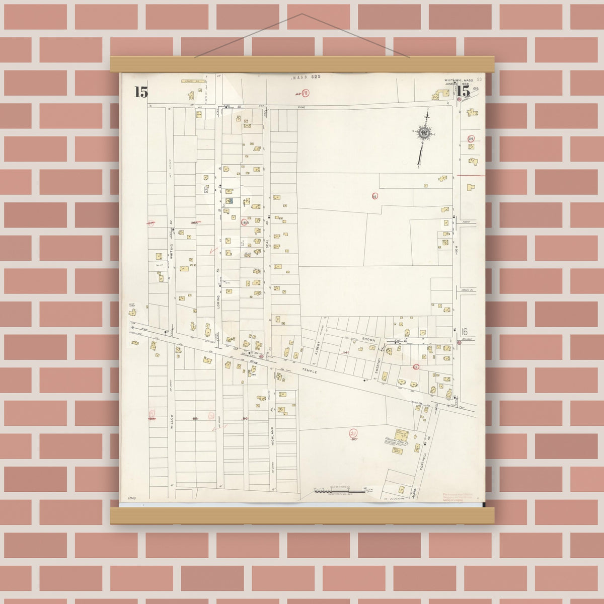 Old map wall art mockup — magnetic wood frame on brick wall — Sanborn Fire Insurance Map from Whitman, Plymouth County, Massachusetts (1950), Sheet #0015