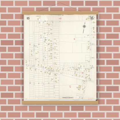 Old map wall art mockup — magnetic wood frame on brick wall — Sanborn Fire Insurance Map from Whitman, Plymouth County, Massachusetts (1950), Sheet #0015