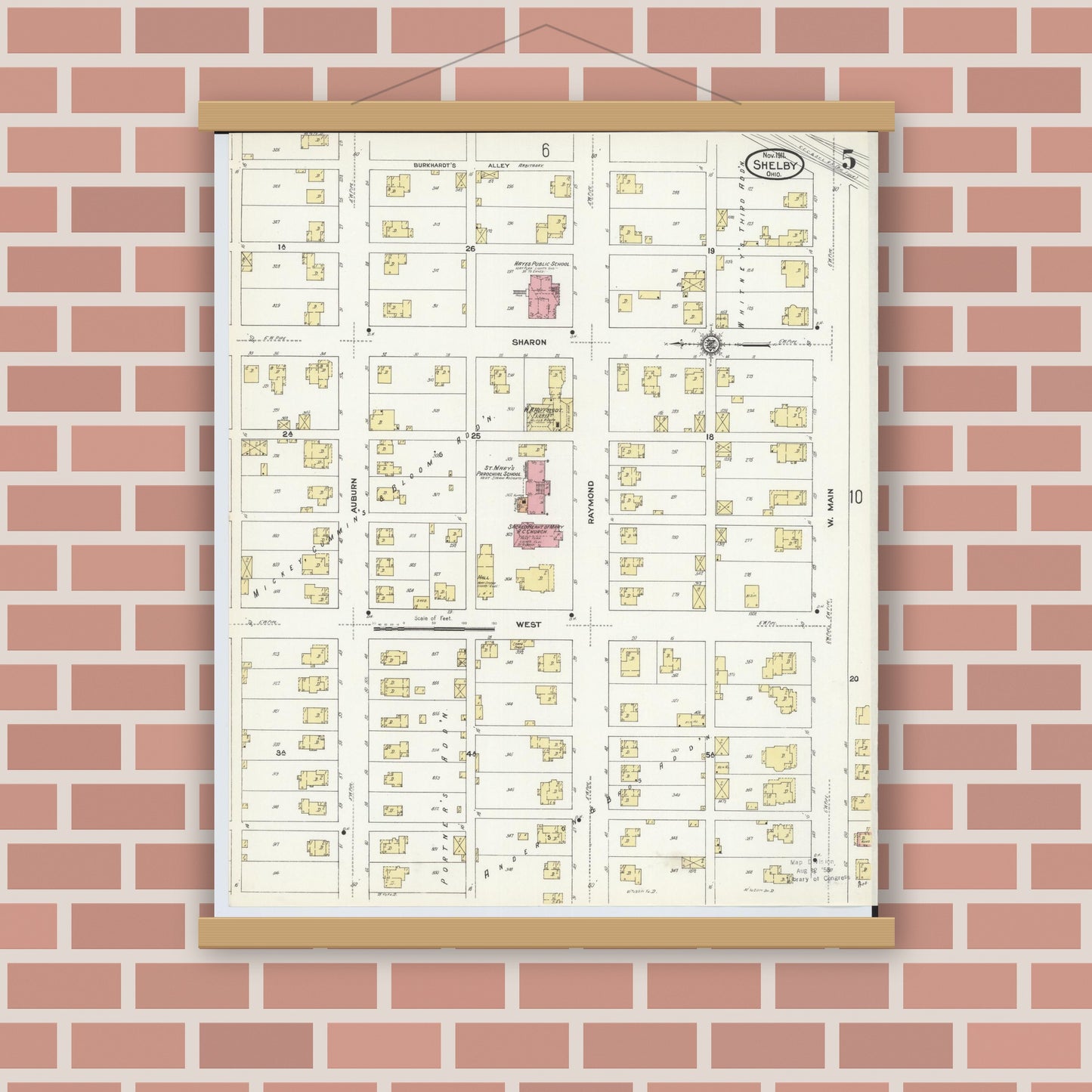 Old map wall art mockup — magnetic wood frame on brick wall — Sanborn Fire Insurance Map from Shelby, Richland County, Ohio (1911), Sheet #0005