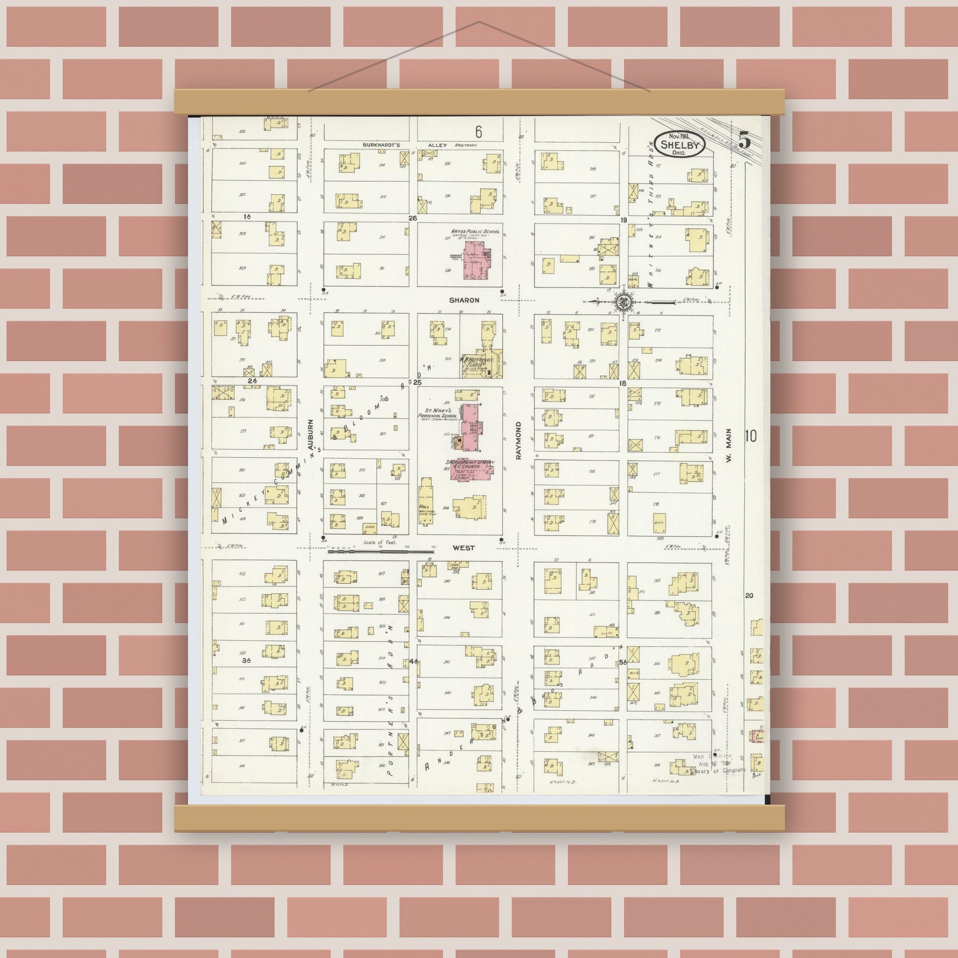 Old map wall art mockup — magnetic wood frame on brick wall — Sanborn Fire Insurance Map from Shelby, Richland County, Ohio (1911), Sheet #0005