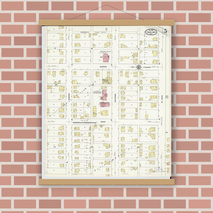 Old map wall art mockup — magnetic wood frame on brick wall — Sanborn Fire Insurance Map from Shelby, Richland County, Ohio (1911), Sheet #0005