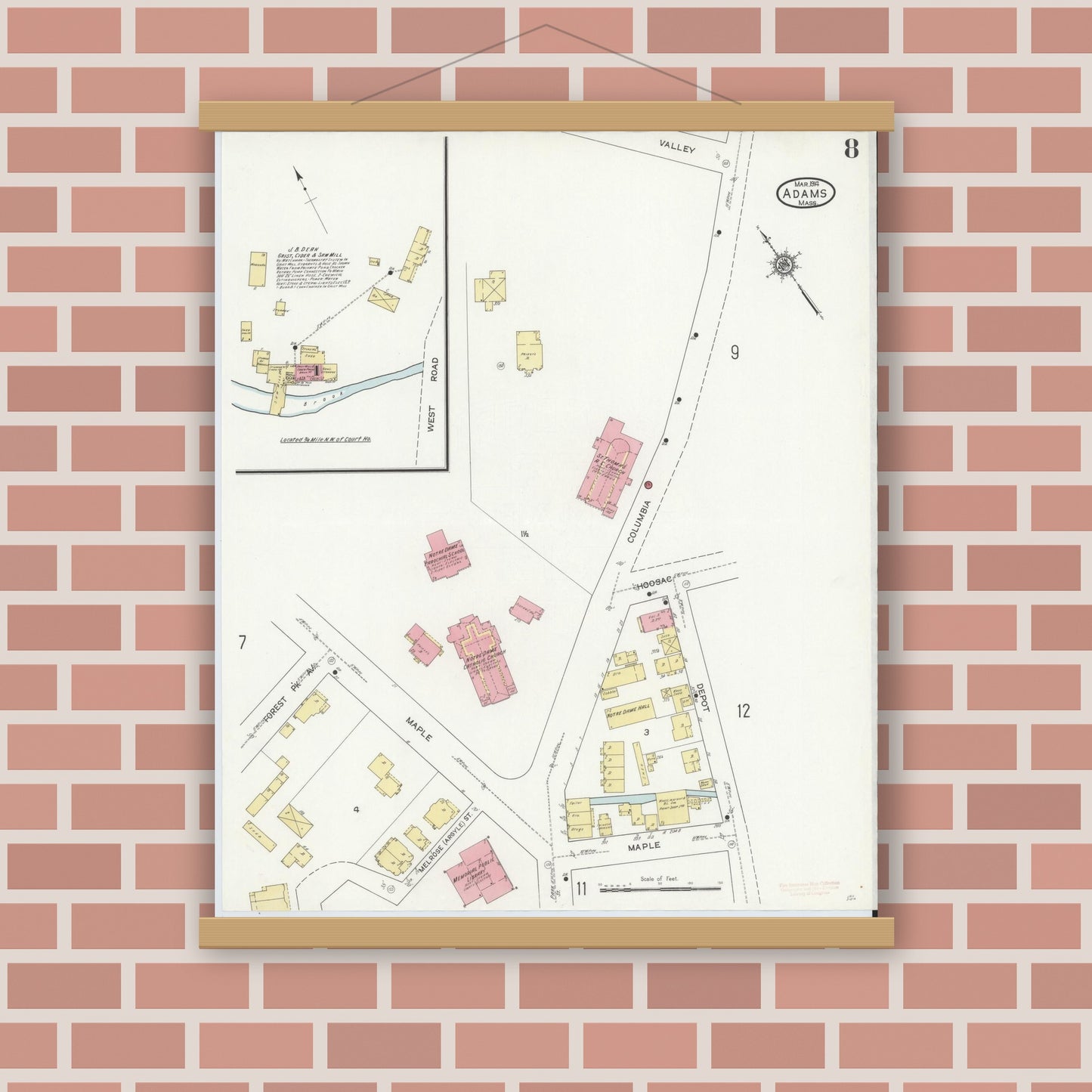 Old map wall art mockup — magnetic wood frame on brick wall — Sanborn Fire Insurance Map from Adams, Berkshire County, Massachusetts (1914), Sheet #0008