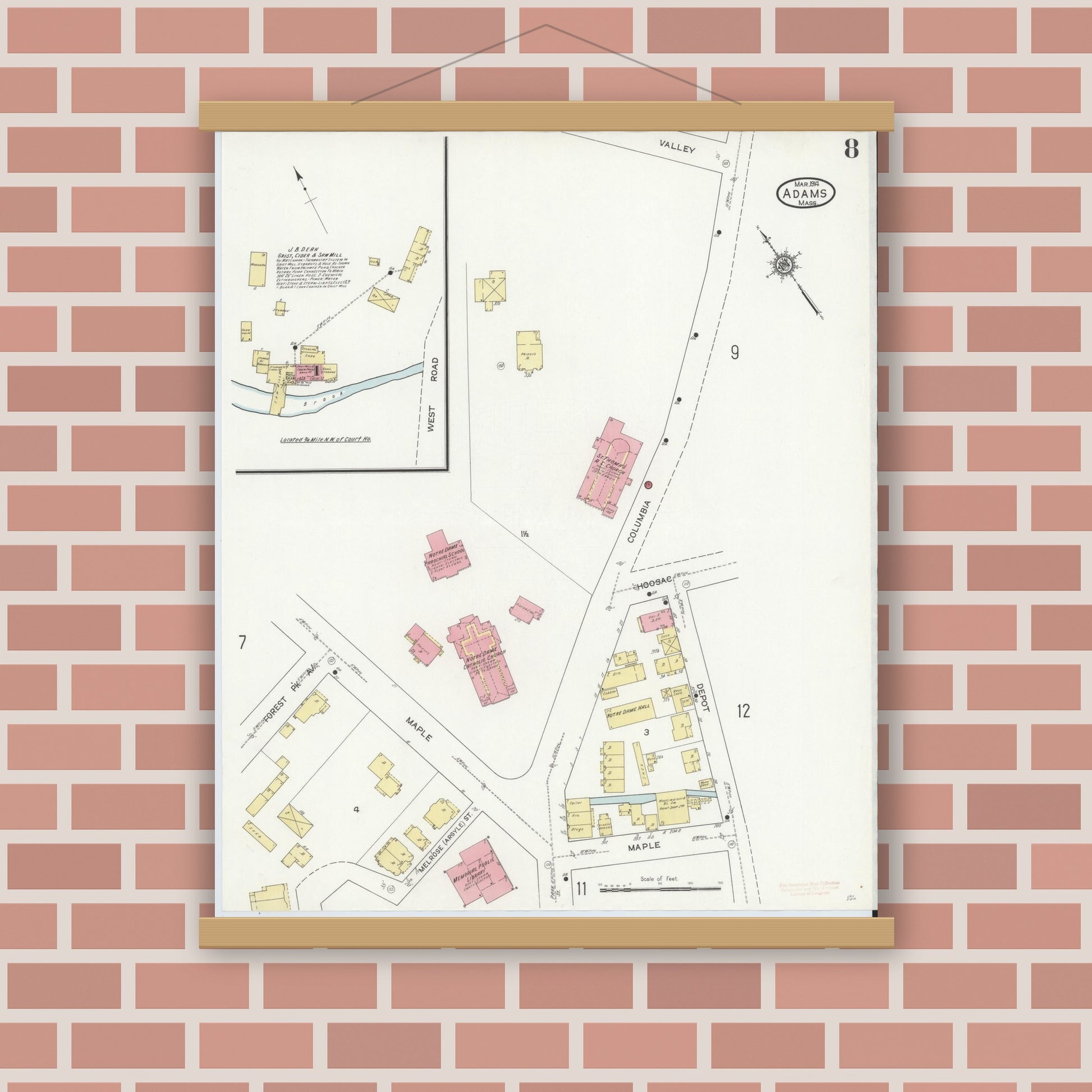 Old map wall art mockup — magnetic wood frame on brick wall — Sanborn Fire Insurance Map from Adams, Berkshire County, Massachusetts (1914), Sheet #0008