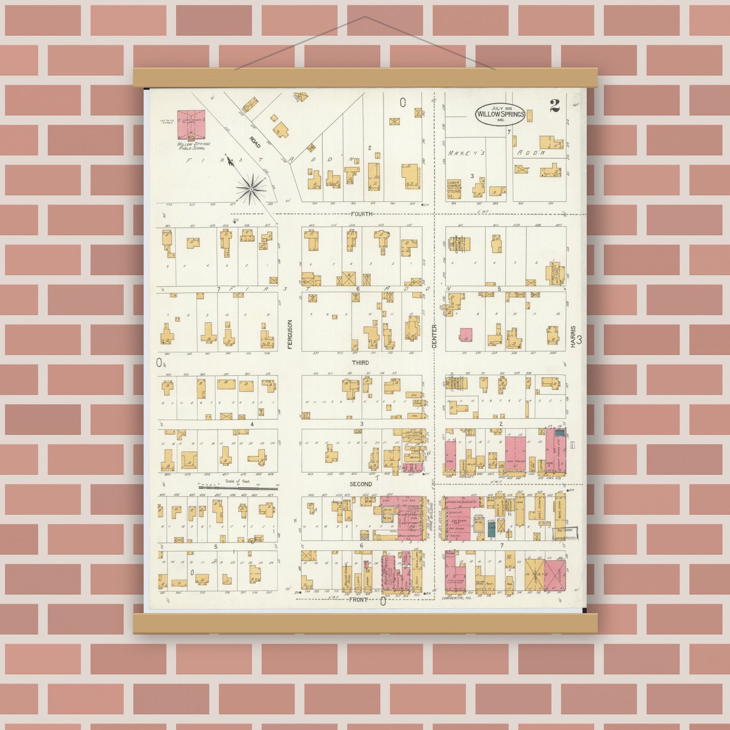 Old map wall art mockup — magnetic wood frame on brick wall — Sanborn Fire Insurance Map from Willow Springs, Howell County, Missouri (1906), Sheet #0002