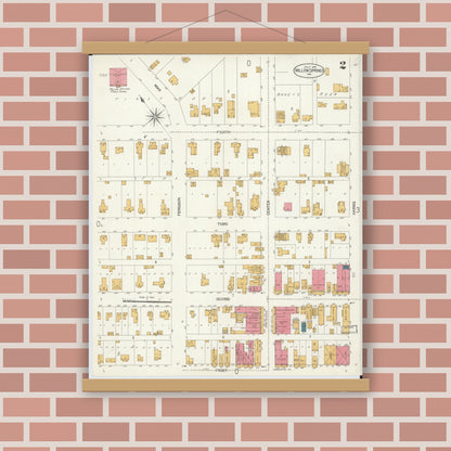 Old map wall art mockup — magnetic wood frame on brick wall — Sanborn Fire Insurance Map from Willow Springs, Howell County, Missouri (1906), Sheet #0002