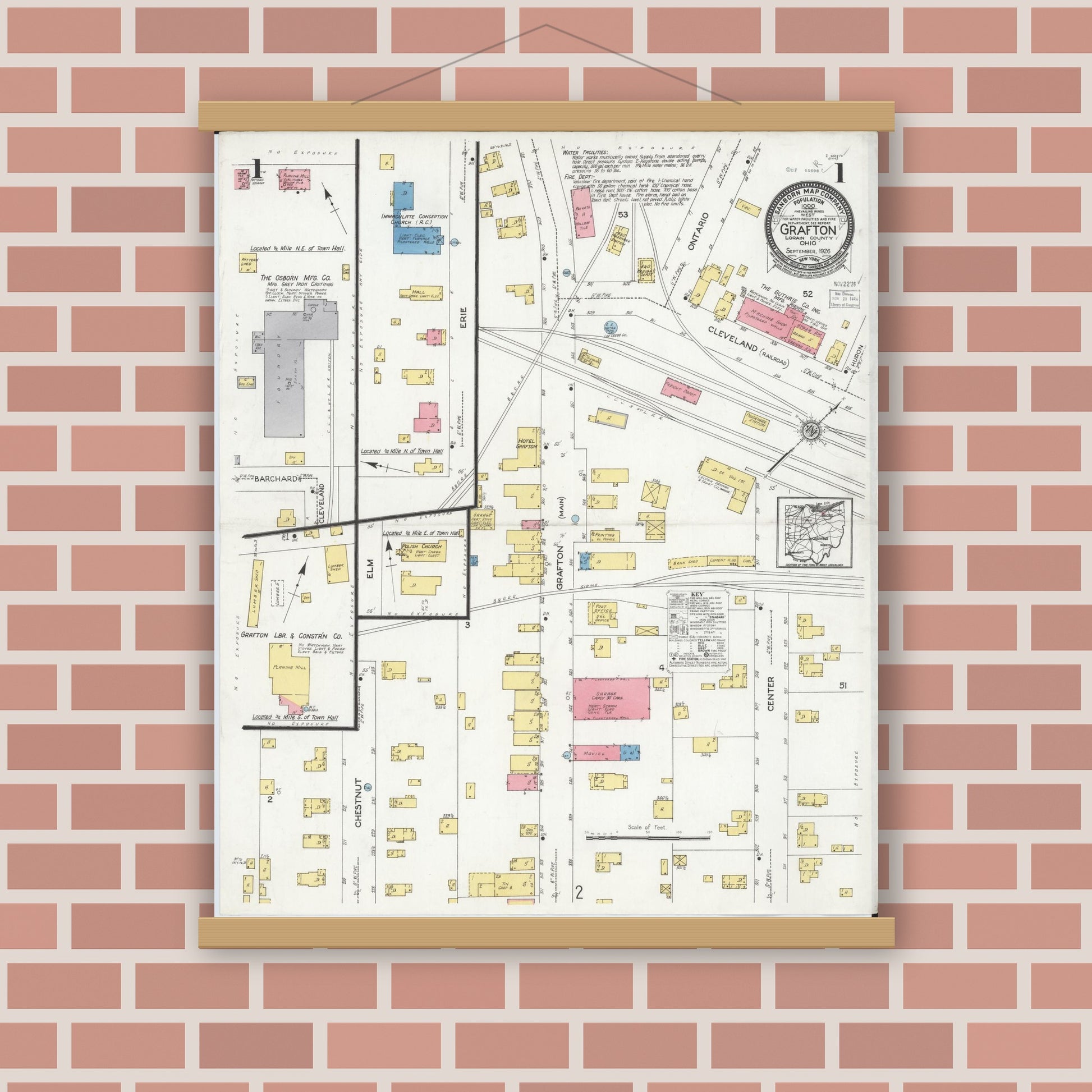 Old map wall art mockup — magnetic wood frame on brick wall — Sanborn Fire Insurance Map from Grafton, Lorain County, Ohio (1926) - Complete Map Set