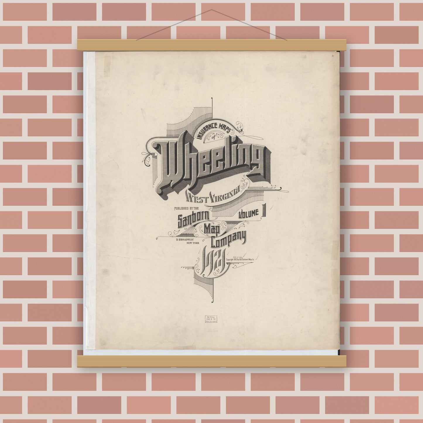 Old map wall art mockup — magnetic wood frame on brick wall — Sanborn Fire Insurance Map from Wheeling, Ohio County, West Virginia (1921), Sheet #0001
