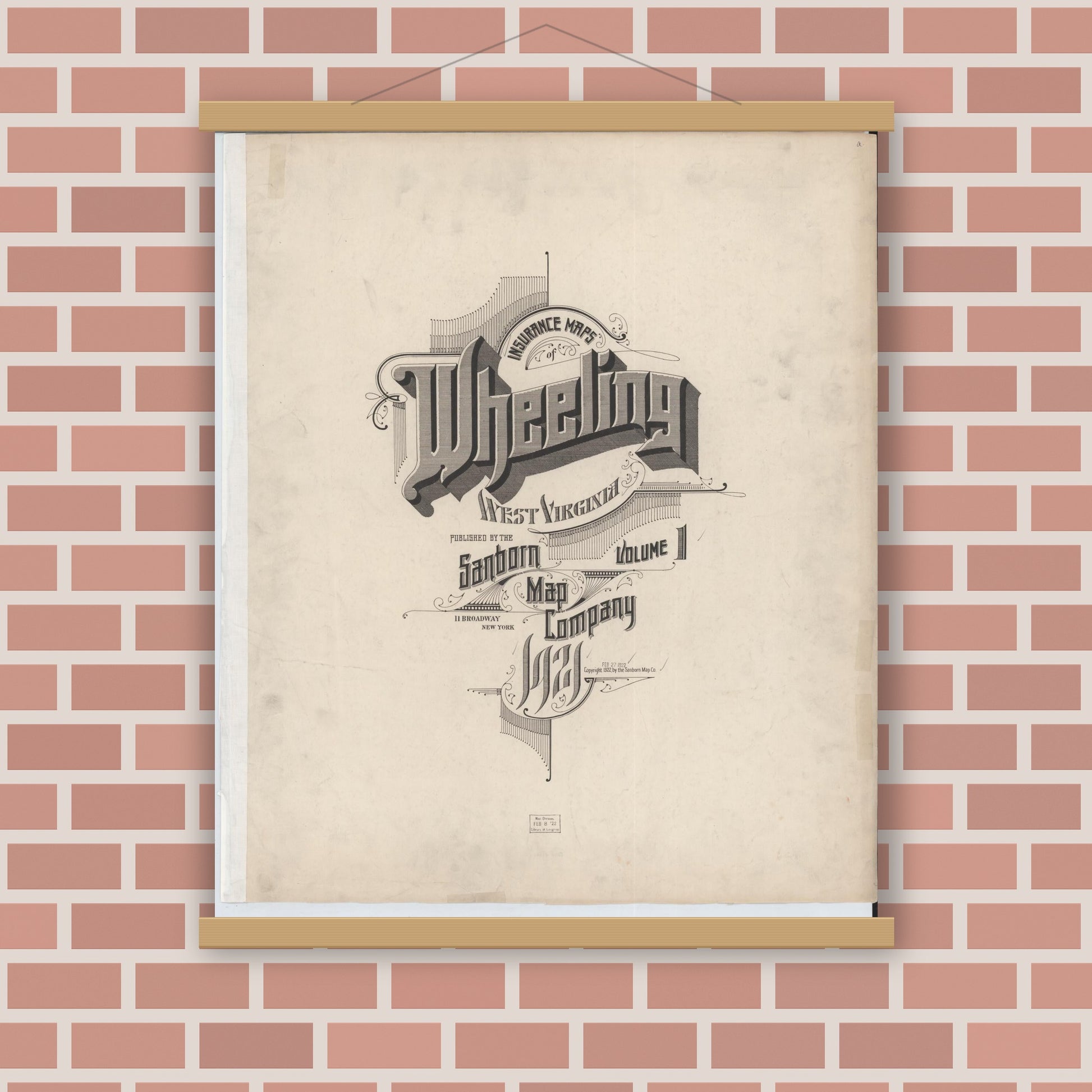 Old map wall art mockup — magnetic wood frame on brick wall — Sanborn Fire Insurance Map from Wheeling, Ohio County, West Virginia (1921), Sheet #0001