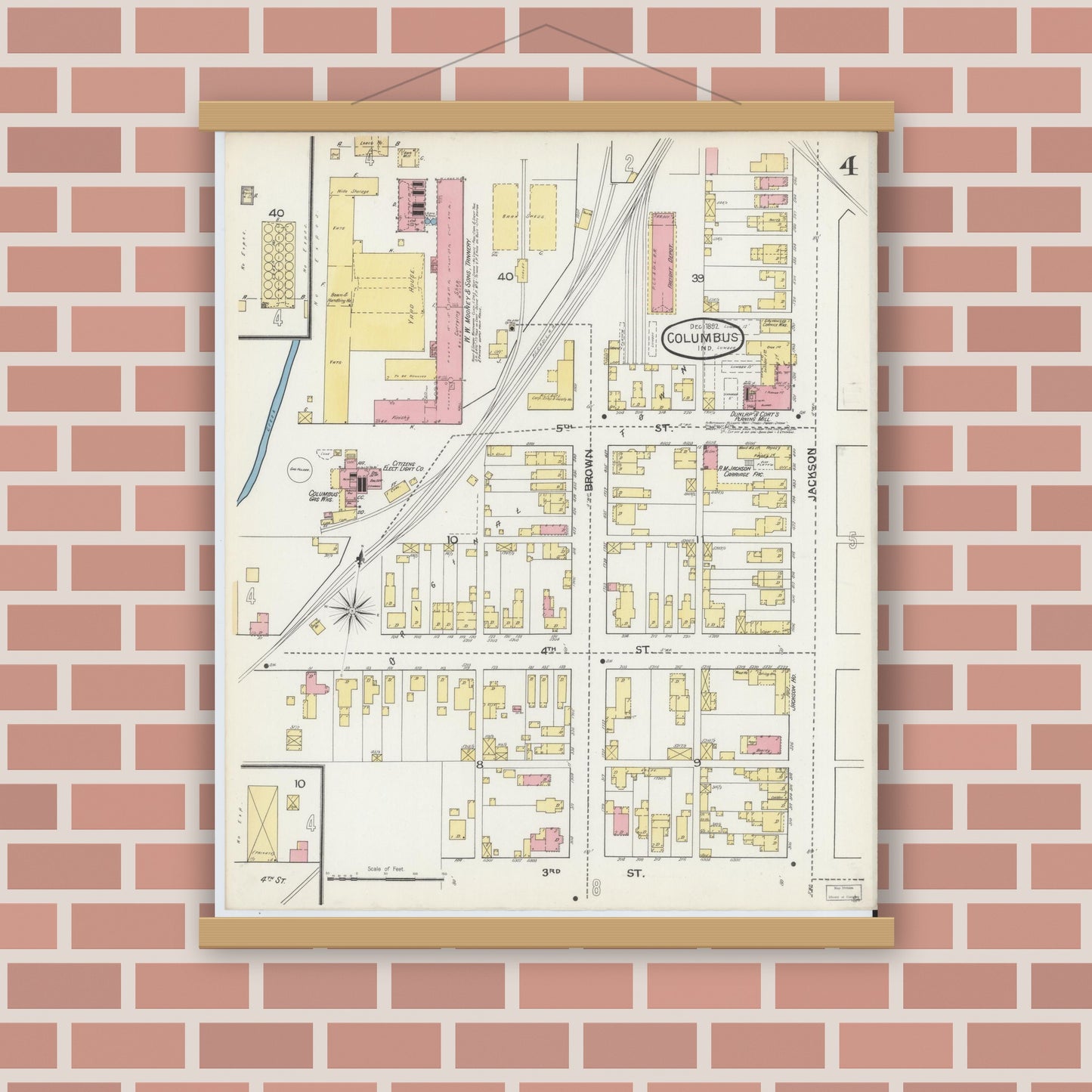Old map wall art mockup — magnetic wood frame on brick wall — Sanborn Fire Insurance Map from Columbus, Bartholomew County, Indiana (1892), Sheet #0004