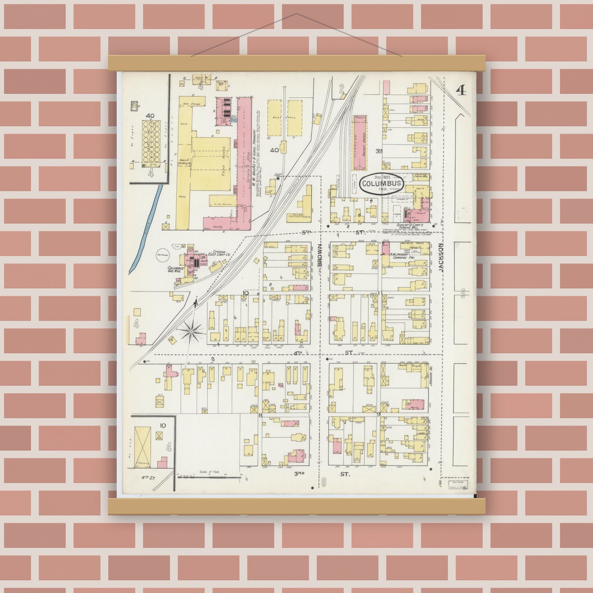 Old map wall art mockup — magnetic wood frame on brick wall — Sanborn Fire Insurance Map from Columbus, Bartholomew County, Indiana (1892), Sheet #0004