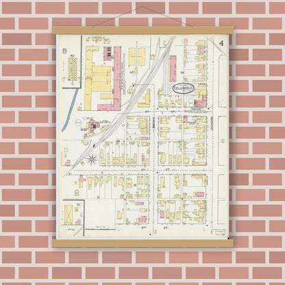 Old map wall art mockup — magnetic wood frame on brick wall — Sanborn Fire Insurance Map from Columbus, Bartholomew County, Indiana (1892), Sheet #0004