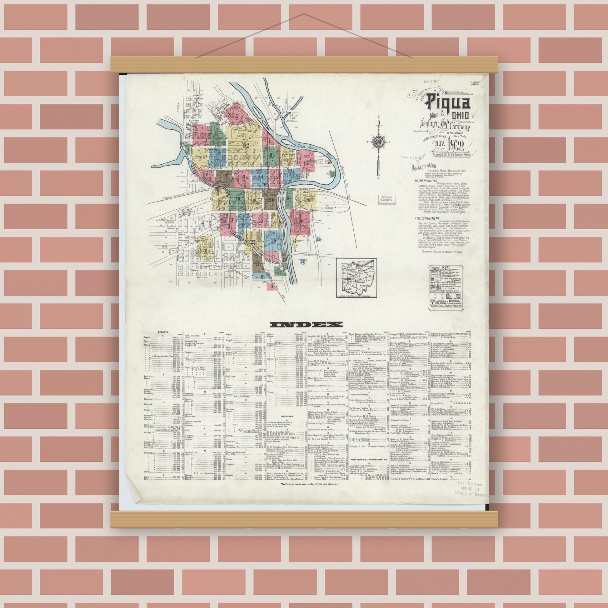 Old map wall art mockup — magnetic wood frame on brick wall — Sanborn Fire Insurance Map from Piqua, Miami County, Ohio (1920) - Complete Map Set