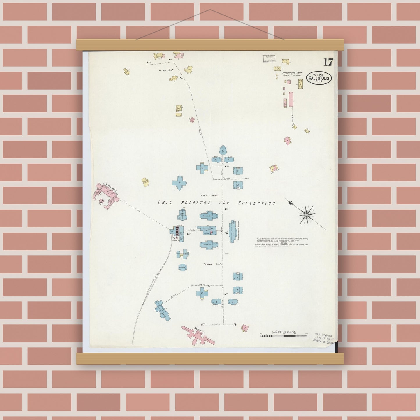 Old map wall art mockup — magnetic wood frame on brick wall — Sanborn Fire Insurance Map from Gallipolis, Gallia County, Ohio (1908), Sheet #0017