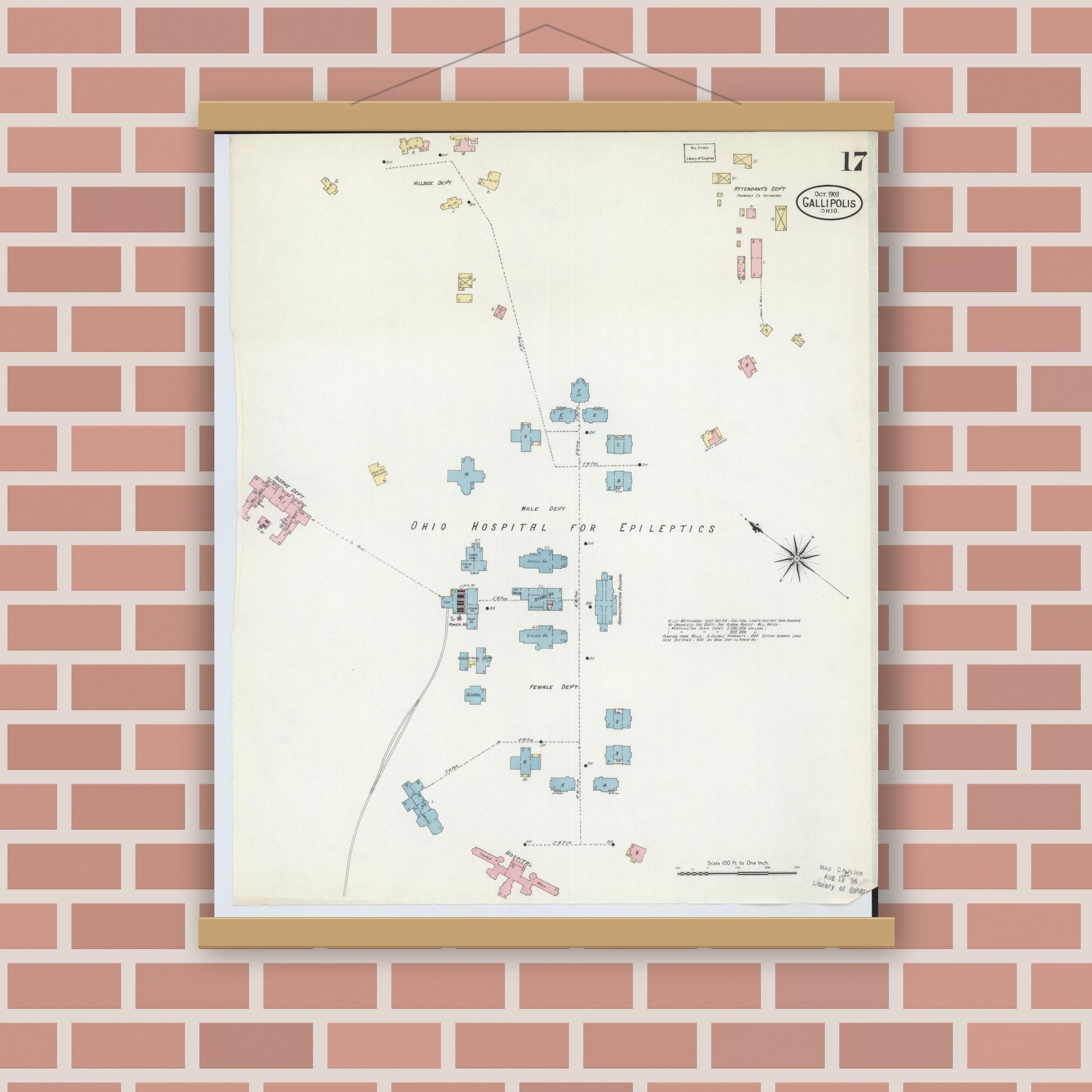 Old map wall art mockup — magnetic wood frame on brick wall — Sanborn Fire Insurance Map from Gallipolis, Gallia County, Ohio (1908), Sheet #0017