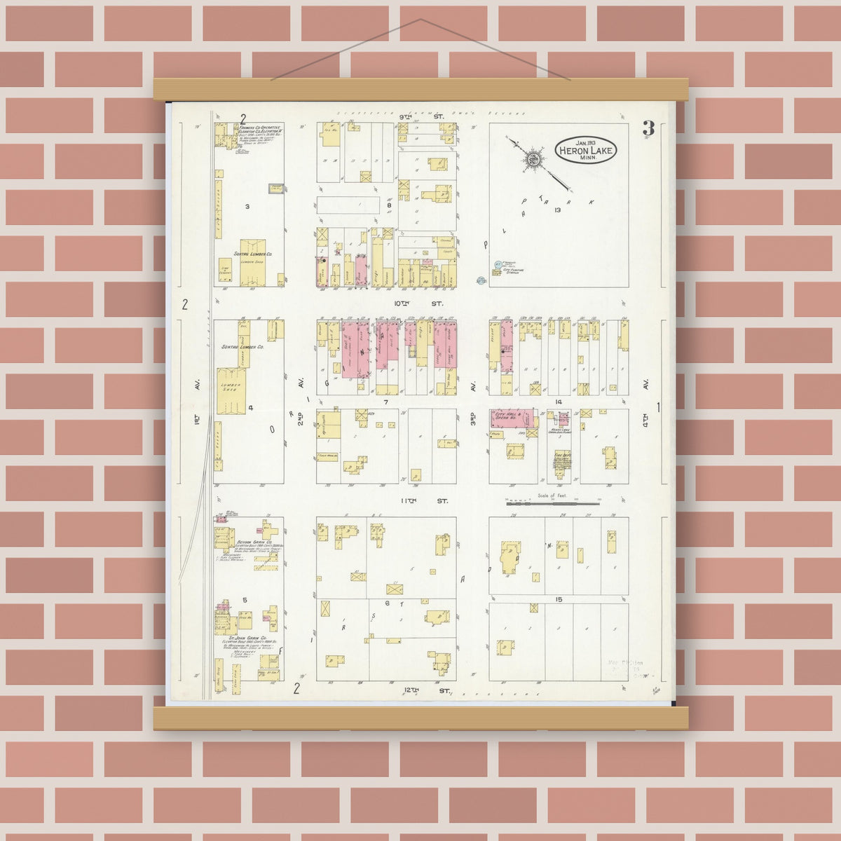 Old map wall art mockup — magnetic wood frame on brick wall — Sanborn Fire Insurance Map from Heron Lake, Jackson County, Minnesota (1913), Sheet #0003